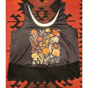 Floral Stretch Tank Top With Lace Hem Women's 1XL